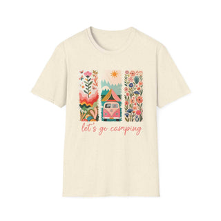 Unisex softstyle t-shirt with colorful camping adventure design and "let's go camping" text on cream fabric