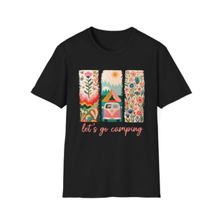 Black unisex softstyle t-shirt with colorful camping adventure graphic and "let's go camping" text
