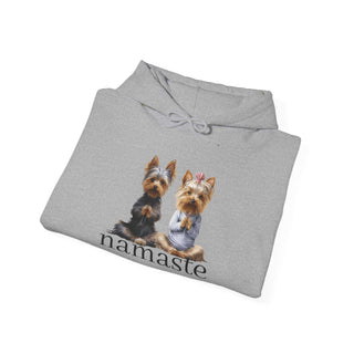 Yoga Namaste Hoodie with Yorkshire terriers and kangaroo pocket in white cotton-poly blend