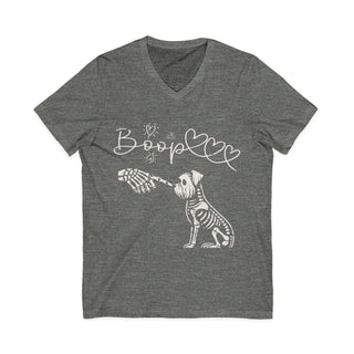 Boop Skeleton Dog graphic on soft cotton V-neck t-shirt with playful design