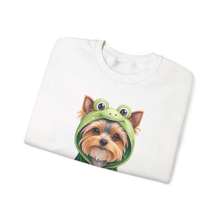 Crewneck sweatshirt featuring embroidered Yorkie in frog costume design