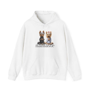 White Yoga Namaste Hoodie with two Yorkshire Terriers and kangaroo pocket
