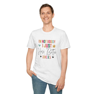 I'm Not Bossy V-neck t-shirt in white, unisex, casual style with empowering slogan and soft cotton fabric