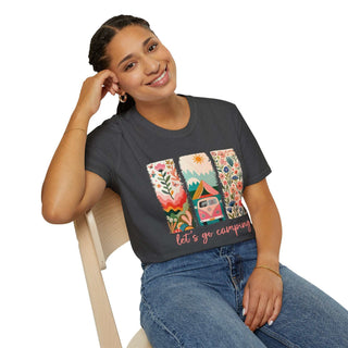 Unisex charcoal t-shirt with colorful camping design and "let's go camping" text, casual fit, modeled by smiling person sitting on chair
