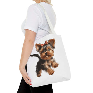Yorkie puppy tote bag with hand-painted Yorkshire Terrier and red bow on white background