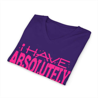 Purple V-neck tee with pink "I Have Absolutely No Desire To Fit In" text, Bella+Canvas cotton fabric