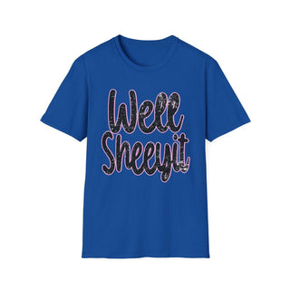 Blue casual statement tee with "Well Sheeyit!" text print on front