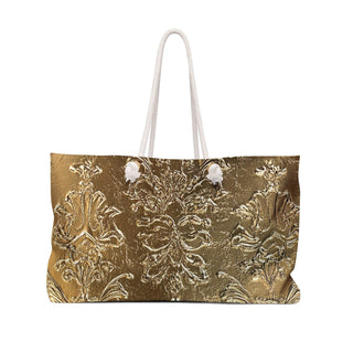 Gold damask weekender bag with cream rope handles and structured T-bottom, 24x13 inches