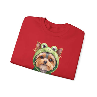 Crewneck sweatshirt with embroidered Yorkie in frog costume design