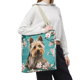 Yorkshire Beach Blue Yorkie Floral Tote Bag