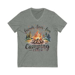 Unisex grey jersey short sleeve V-neck tee with colorful camping crew bonfire graphic design