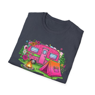 Folded dark gray Camping Queen T-Shirt with colorful pink camper, tent, and campfire design surrounded by flowers and greenery