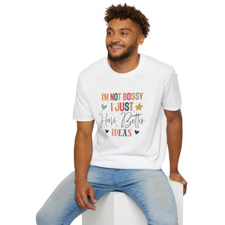 Unisex I'm Not Bossy V-neck t-shirt made of 100% cotton with empowering slogan and size guide