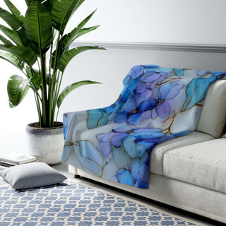 Ice Blue Lilacs Sherpa Blanket with watercolor indigo floral print and plush sherpa backing, 50x60 inches