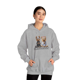 Yoga Namaste Hoodie with Yorkshire Terrier design, kangaroo pocket, and double-lined hood in white.