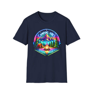 Camping Vibes Unisex Softstyle T-Shirt with colorful mountain, tent, and campfire design on navy blue background
