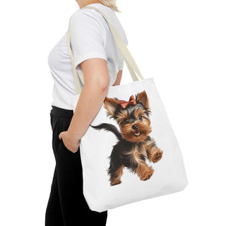 Yorkie puppy tote bag with hand-painted Yorkshire Terrier and red bow on white background