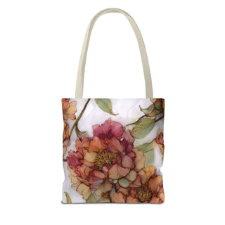 Vintage Peony Tote Bag with watercolor rose and apricot floral design on polyester fabric