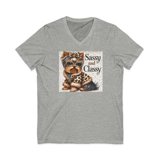 Sassy and classy Yorkie V-neck T-shirt for dog lovers with lightweight fabric and trendy retail fit