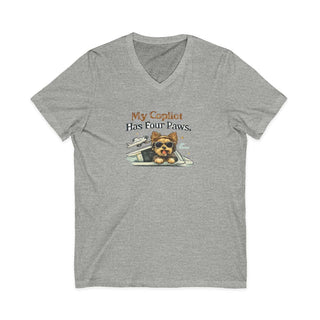My Copilot Has Four Paws V-neck t-shirt with relaxed dog graphic, lightweight cotton, and retail fit