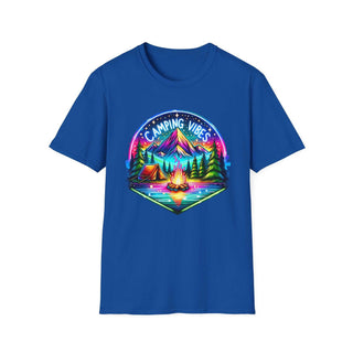 Blue unisex softstyle t-shirt with colorful Camping Vibes mountain, tent, and campfire graphic design