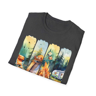 Camping Adventure Unisex T-Shirt with colorful outdoor camping design on black soft cotton fabric