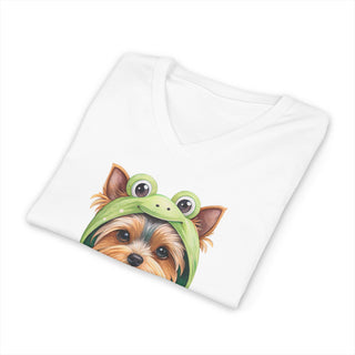 Yorkie in Frog Hoodie V-Neck T-Shirt