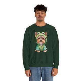 Embroidered Yorkie in frog costume on cozy crewneck sweatshirt