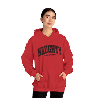 Naughty But Nice-ish Hoodie sweatshirt with adjustable hood and kangaroo pocket, cozy cotton-poly blend, casual adult wear