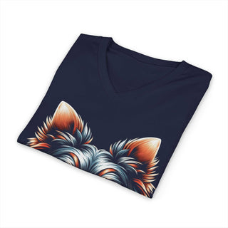 Patriotic Yorkie V-neck t-shirt with stars and stripes design on lightweight cotton fabric