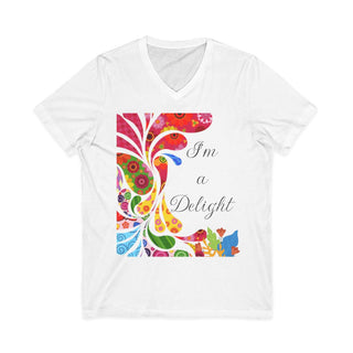 Delight Peacock V-Neck T-Shirt size guide with measurements and care instructions table