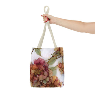 Vintage Peony Tote Bag with watercolor floral design in warm rose and olive tones, lightweight polyester fabric with sturdy cotton handles