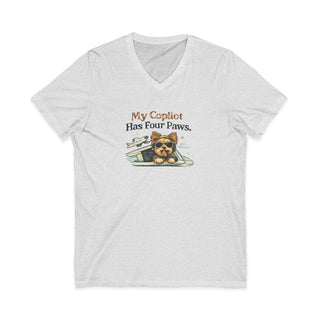 My Copilot Has Four Paws V-neck t-shirt with relaxed dog design and soft cotton fabric