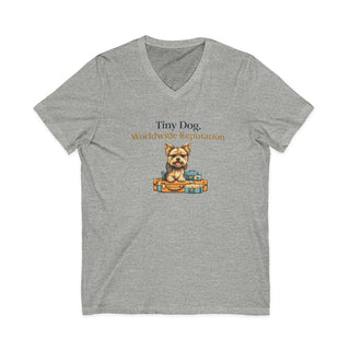 Tiny Dog Worldwide Reputation V-neck T-shirt with playful dog and suitcases design, lightweight cotton fabric, ethical manufacturing