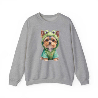 Yorkie in frog costume embroidered on cozy crewneck sweatshirt