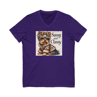 Sassy and classy Yorkie V-neck t-shirt for dog lovers with lightweight fabric and stylish retail fit