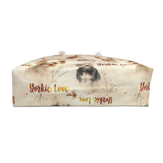 Yorkie Love Weekender bag with cream canvas, watercolor Yorkie portraits, and rope handles, spacious 24x13 inch travel tote