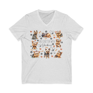 Yorkie Lover V-Neck unisex jersey cotton t-shirt with durable side seams and ribbed collar