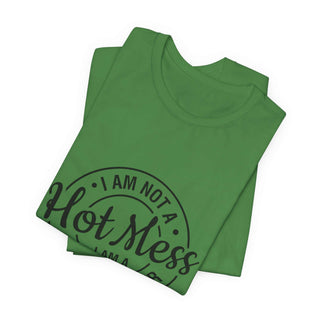 Hot Mess Spicy Disaster lightweight cotton t-shirt with cheeky hand-lettered badge and retail crew-neck fit