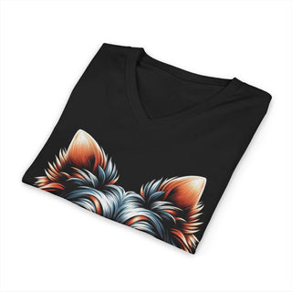 Lightweight Patriotic Yorkie V-neck T-shirt with stars and stripes design on cotton fabric