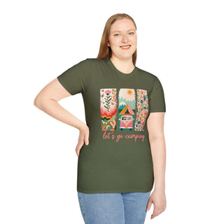 Unisex olive green softstyle t-shirt with colorful camping adventure print and "let's go camping" text, modeled by smiling woman