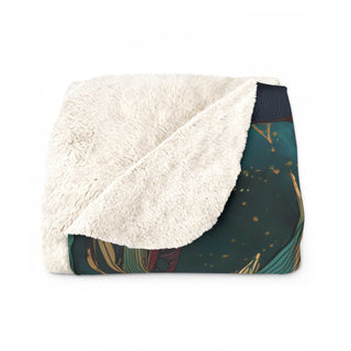 Vintage red poppies design on teal sherpa fleece blanket with plush texture and hemmed edges.