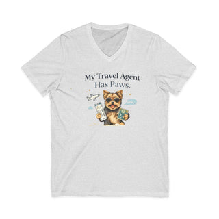 My Travel Agent Has Paws V-neck t-shirt with dog holding passport and boarding pass design