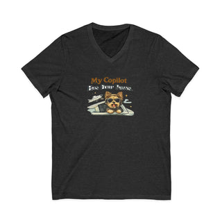 My Copilot Has Four Paws V-neck t-shirt with dog dashboard design, lightweight cotton, casual fit