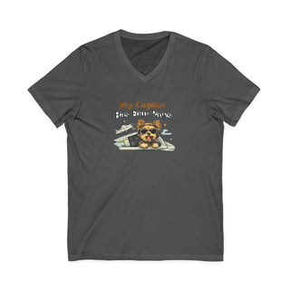 My Copilot Has Four Paws V-neck T-shirt featuring a relaxed dog graphic on breathable 100% cotton fabric
