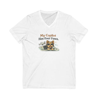 My Copilot Has Four Paws V-neck t-shirt with relaxed dog artwork and breathable cotton fabric