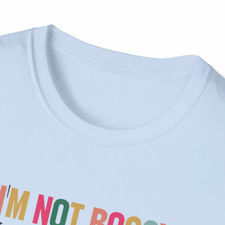 I'm Not Bossy T-Shirt unisex V-neck in white with empowering slogan and size guide table