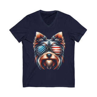 Patriotic Yorkie V-neck T-shirt with American flag design on lightweight cotton fabric