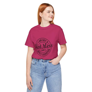 Hot Mess Spicy Disaster lightweight cotton tee with cheeky hand-lettered print and classic crew neck