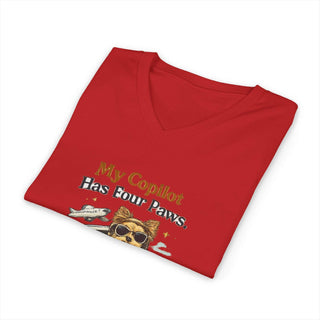 My Copilot Has Four Paws V-neck t-shirt with relaxed dog graphic and breathable cotton fabric